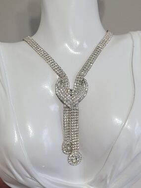 Vintage Style Evening Formal Silver Pave Crystal Rhinestone Tie Drop Necklace